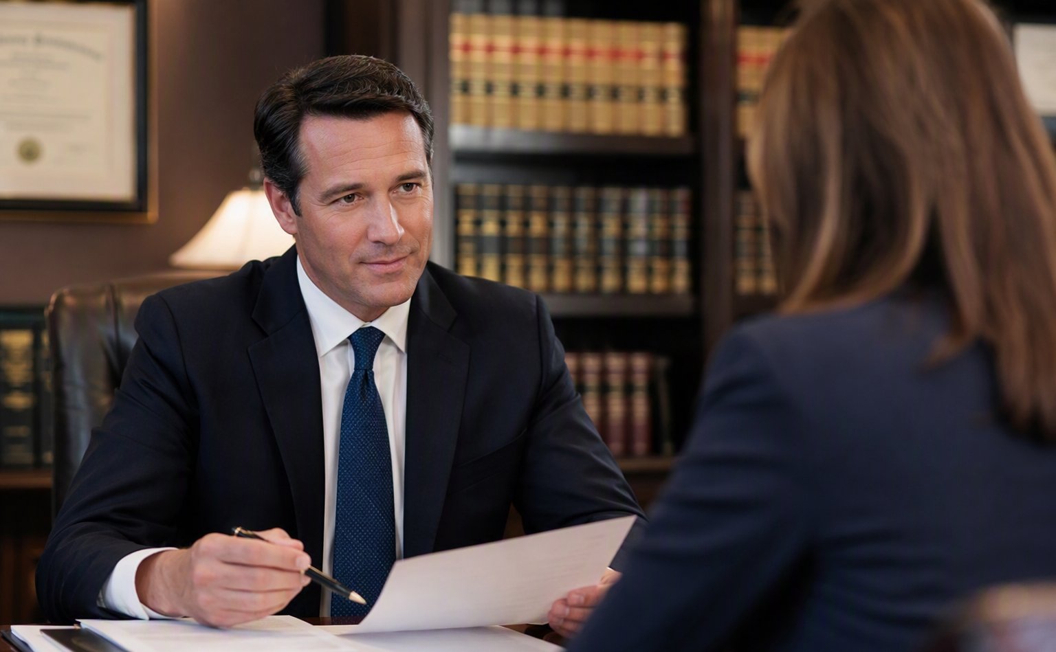 A DWI defense attorney reviewing case documents with a client in a Dallas law office